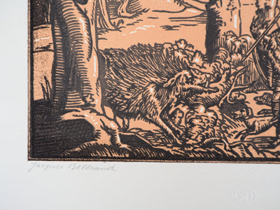 Jacques BELTRAND : La chasse, 1920 - Gravure sur bois (détail)