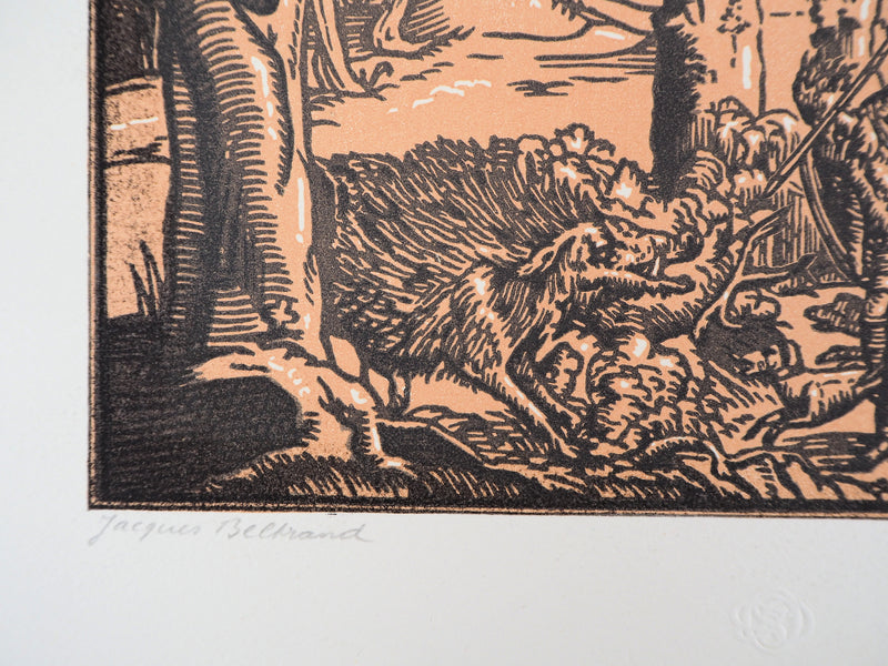 Jacques BELTRAND : La chasse, 1920 - Gravure sur bois (détail)