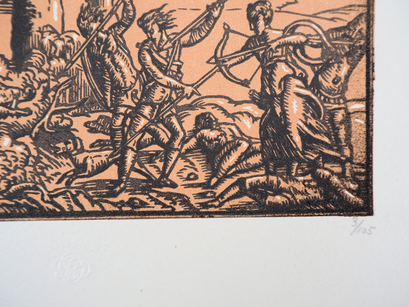 Jacques BELTRAND : La chasse, 1920 - Gravure sur bois (détail)