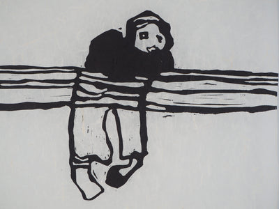 Richard BILAN : Figure agrippée sur une poutre - Linogravure