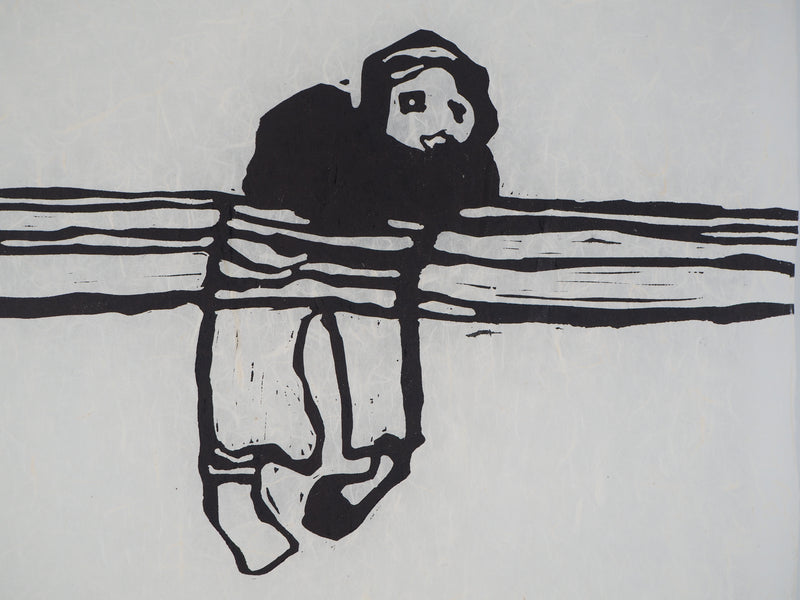 Richard BILAN : Figure agrippée sur une poutre - Linogravure