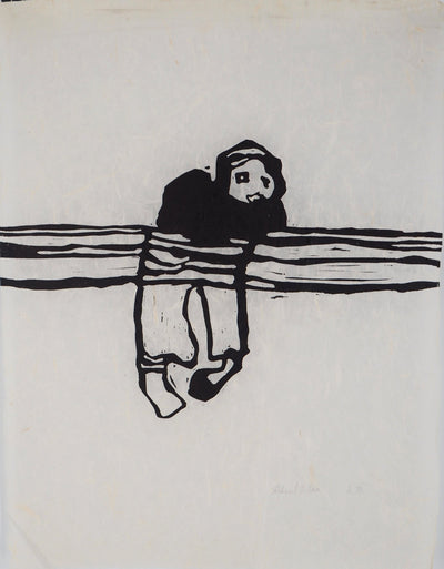 Richard BILAN : Figure agrippée sur une poutre - Linogravure (détail)