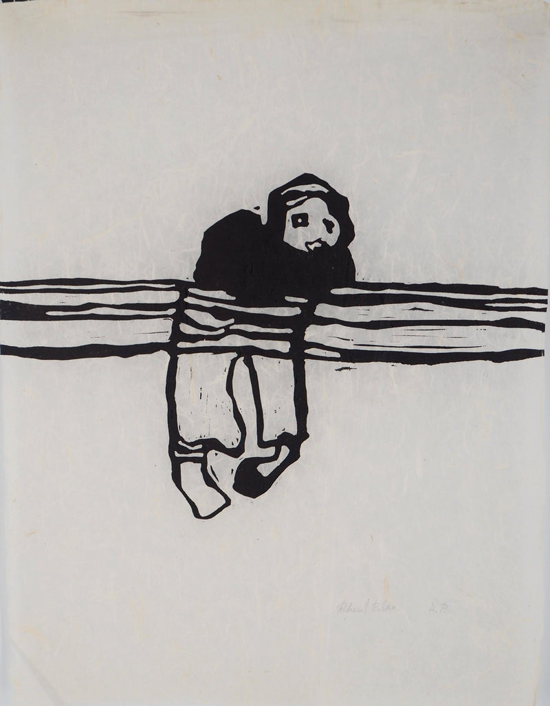 Richard BILAN : Figure agrippée sur une poutre - Linogravure (détail)