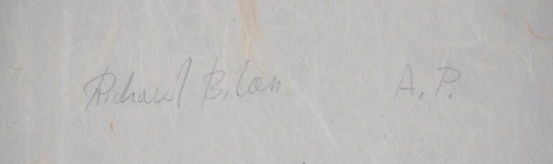 Richard BILAN : Figure agrippée sur une poutre - Linogravure (détail)