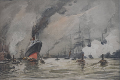Frank BOGGS : Marine : Anvers : Paquebot et Bateaux à Voiles - Aquarelle (détail)