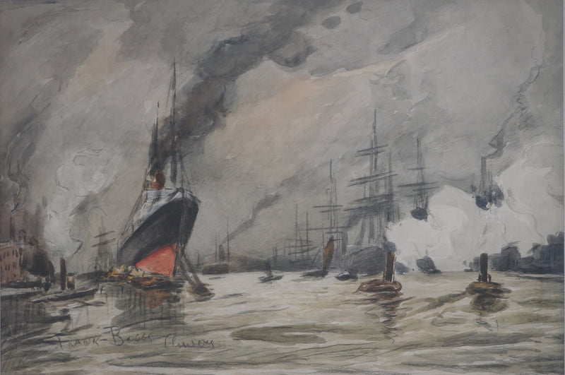 Frank BOGGS : Marine : Anvers : Paquebot et Bateaux à Voiles - Aquarelle (détail)
