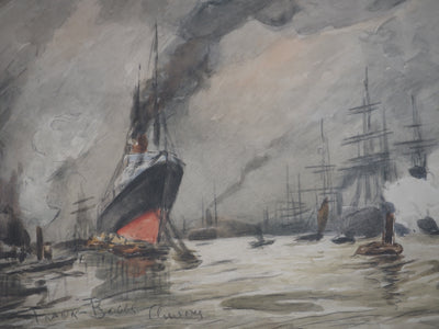 Frank BOGGS : Marine : Anvers : Paquebot et Bateaux à Voiles - Aquarelle (détail)