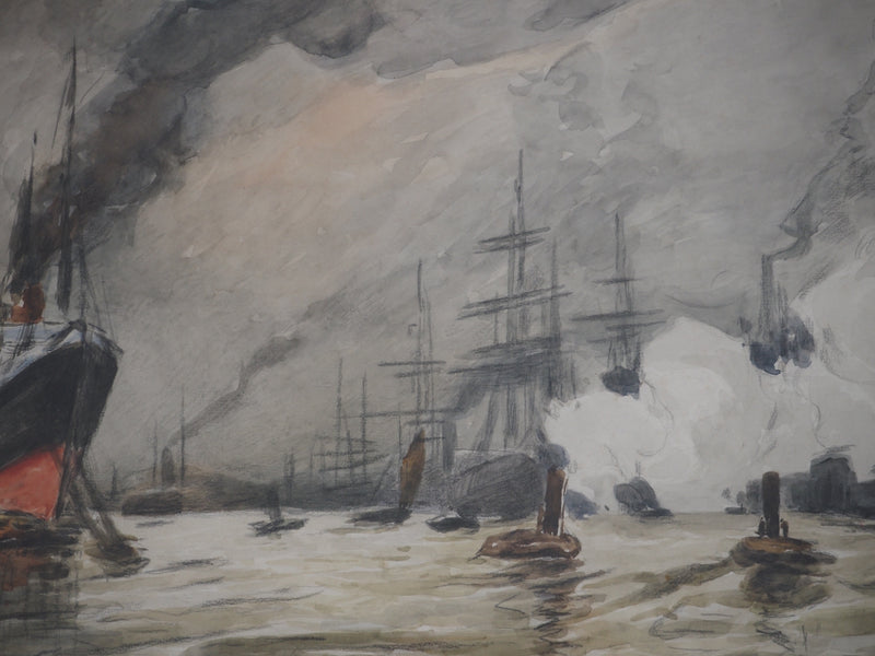 Frank BOGGS : Marine : Anvers : Paquebot et Bateaux à Voiles - Aquarelle (détail)