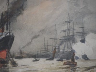 Frank BOGGS : Marine : Anvers : Paquebot et Bateaux à Voiles - Aquarelle (détail)