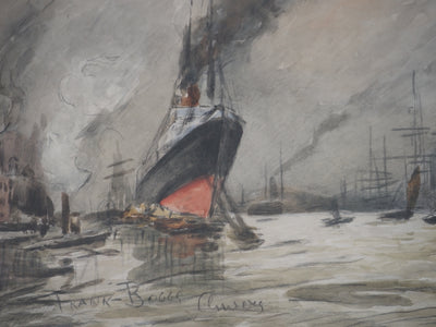 Frank BOGGS : Marine : Anvers : Paquebot et Bateaux à Voiles - Aquarelle (détail)
