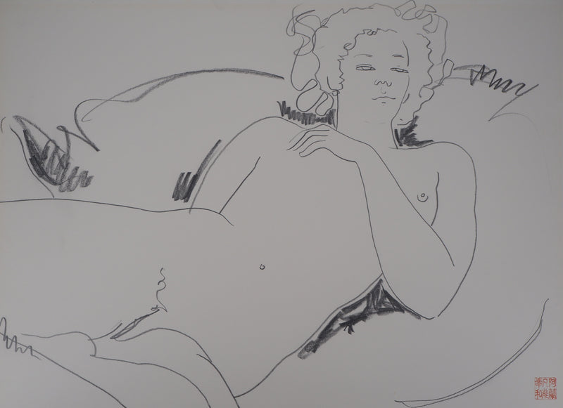 Alain BONNEFOIT : Femme nue allongée - Dessin (détail)