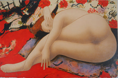 Alain BONNEFOIT : Modèle au fond à fleurs, 1993 - Lithographie