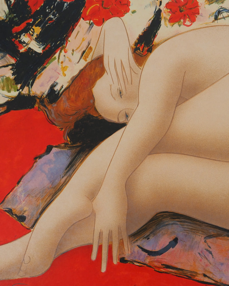 Alain BONNEFOIT : Modèle au fond à fleurs, 1993 - Lithographie (détail)