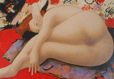 Alain BONNEFOIT : Modèle au fond à fleurs, 1993 - Lithographie (détail)