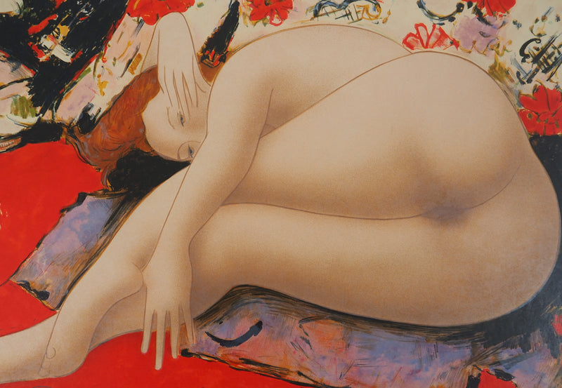 Alain BONNEFOIT : Modèle au fond à fleurs, 1993 - Lithographie (détail)