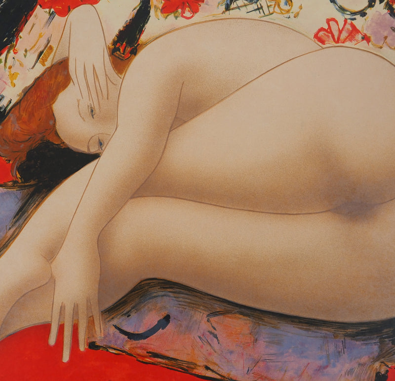 Alain BONNEFOIT : Modèle au fond à fleurs, 1993 - Lithographie (détail)