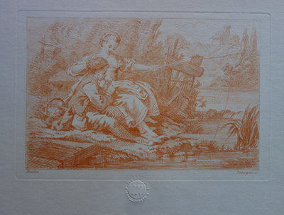 François BOUCHER : Au bord de la rivière - Gravure