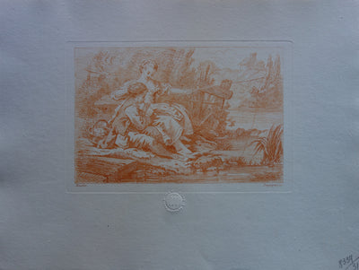 François BOUCHER : Au bord de la rivière - Gravure (détail)