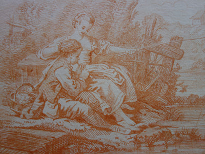 François BOUCHER : Au bord de la rivière - Gravure (détail)