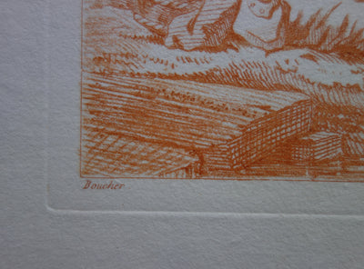 François BOUCHER : Au bord de la rivière - Gravure (détail)