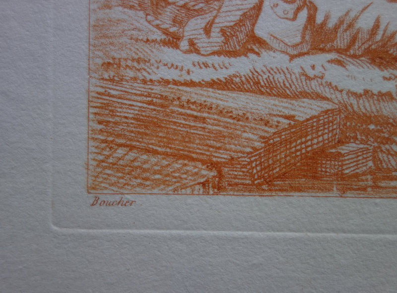 François BOUCHER : Au bord de la rivière - Gravure (détail)