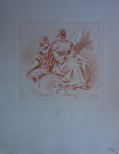 François BOUCHER : Femme assise - Gravure (détail)
