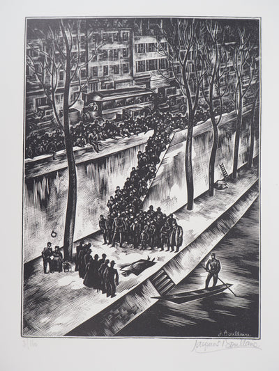 Jacques BOULLAIRE : Quais de la Seine (La Noyée), 1927 - Gravure sur bois