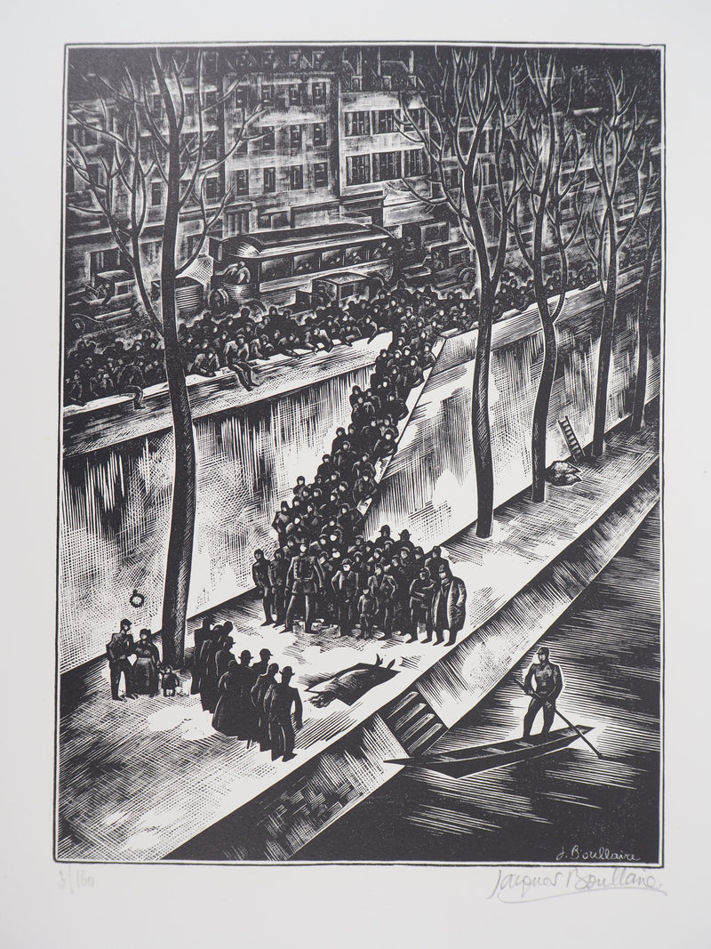 Jacques BOULLAIRE : Quais de la Seine (La Noyée), 1927 - Gravure sur bois