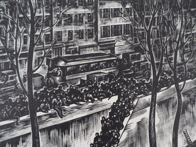 Jacques BOULLAIRE : Quais de la Seine (La Noyée), 1927 - Gravure sur bois (détail)