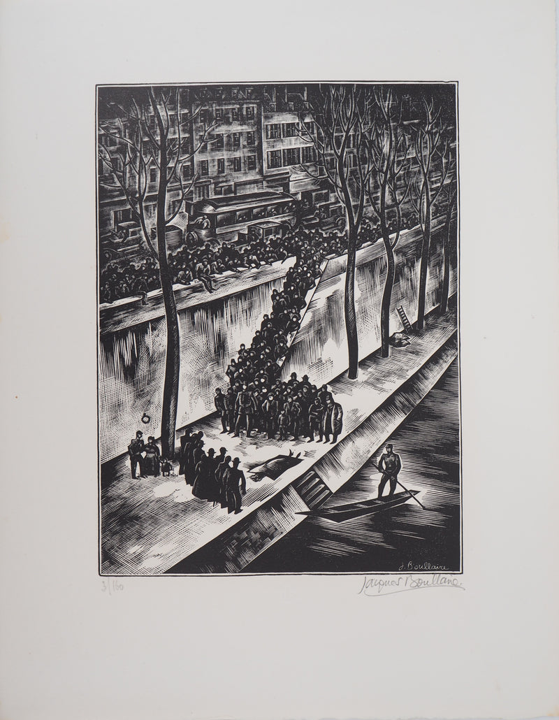 Jacques BOULLAIRE : Quais de la Seine (La Noyée), 1927 - Gravure sur bois (détail)