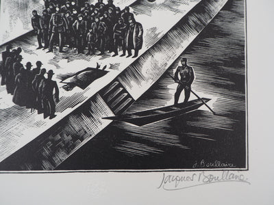 Jacques BOULLAIRE : Quais de la Seine (La Noyée), 1927 - Gravure sur bois (détail)