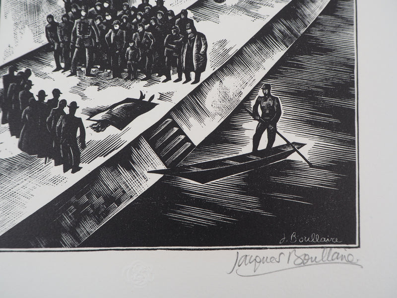 Jacques BOULLAIRE : Quais de la Seine (La Noyée), 1927 - Gravure sur bois (détail)