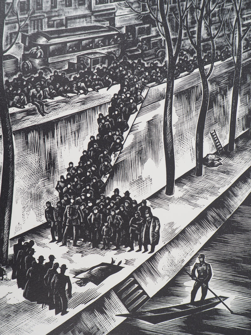 Jacques BOULLAIRE : Quais de la Seine (La Noyée), 1927 - Gravure sur bois (détail)