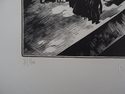 Jacques BOULLAIRE : Quais de la Seine (La Noyée), 1927 - Gravure sur bois (détail)
