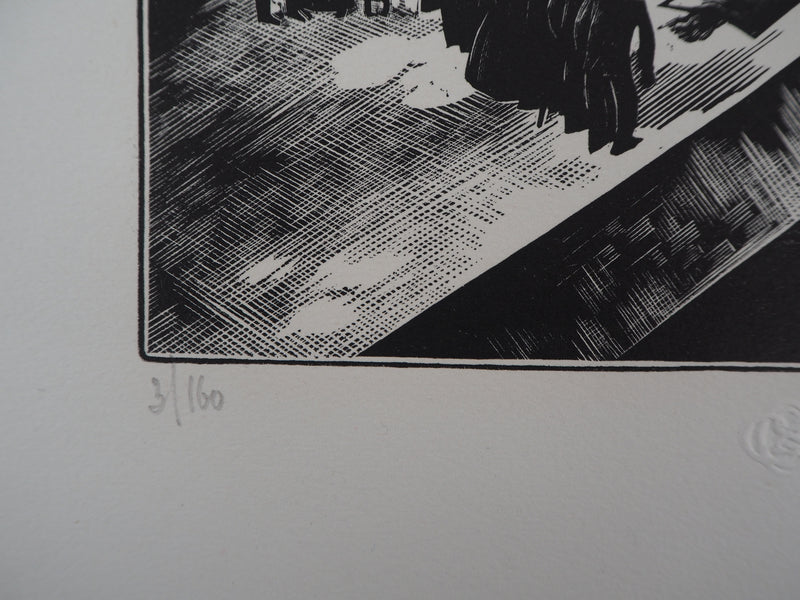 Jacques BOULLAIRE : Quais de la Seine (La Noyée), 1927 - Gravure sur bois (détail)