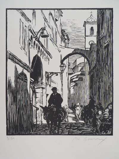 Paul Adrien BOUROUX : Corse, Rue à Bonifacio, 1926 - Gravure sur bois