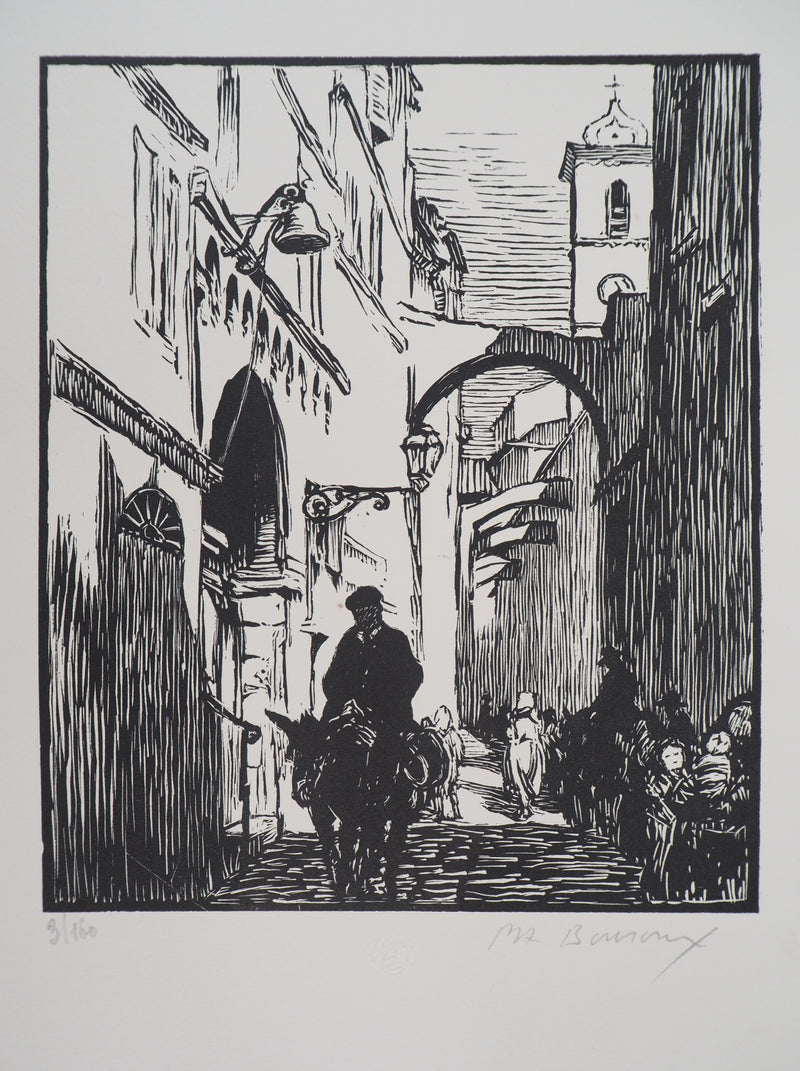 Paul Adrien BOUROUX : Corse, Rue à Bonifacio, 1926 - Gravure sur bois