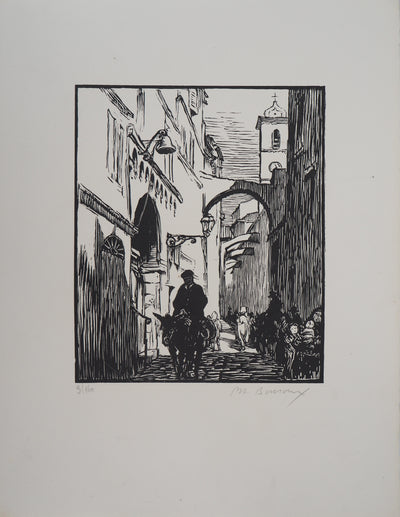 Paul Adrien BOUROUX : Corse, Rue à Bonifacio, 1926 - Gravure sur bois (détail)