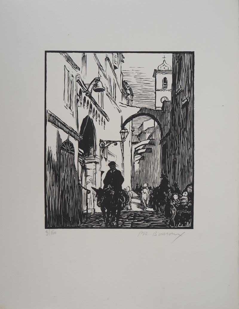 Paul Adrien BOUROUX : Corse, Rue à Bonifacio, 1926 - Gravure sur bois (détail)