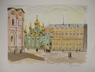 Yves BRAYER : La place des Cathédrales au Kremlin, 1976 - Lithographie