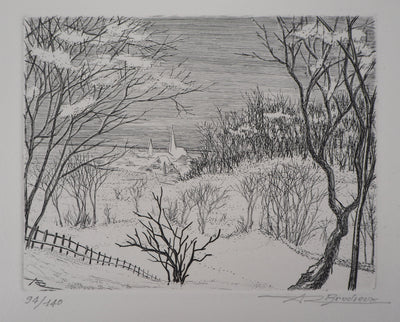 André Roland BRUDIEUX : Vue du village sous la neige - Gravure