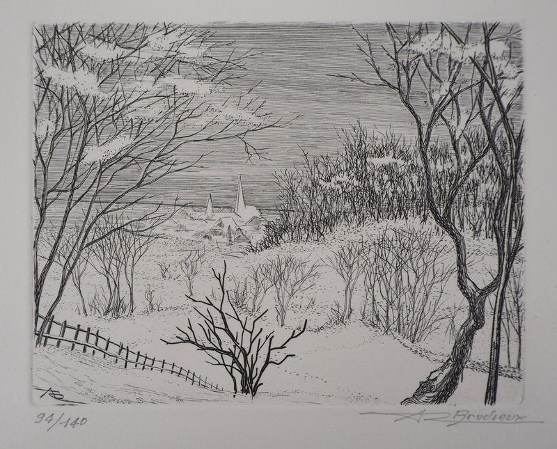 André Roland BRUDIEUX : Vue du village sous la neige - Gravure
