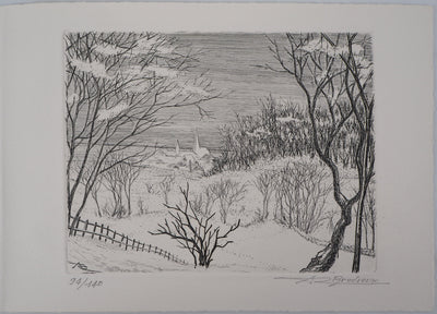 André Roland BRUDIEUX : Vue du village sous la neige - Gravure (détail)