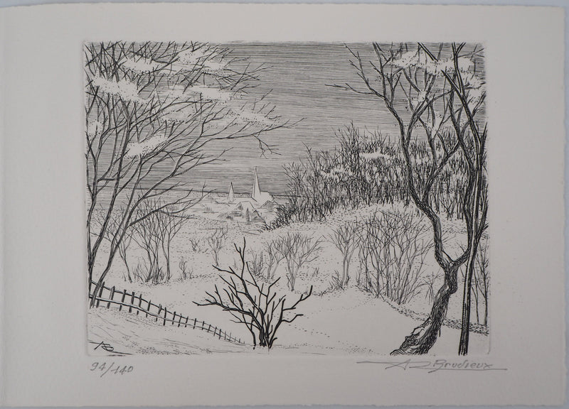 André Roland BRUDIEUX : Vue du village sous la neige - Gravure (détail)