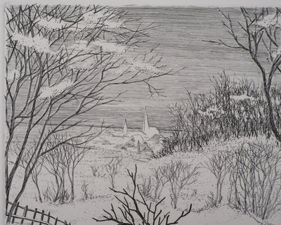 André Roland BRUDIEUX : Vue du village sous la neige - Gravure (détail)
