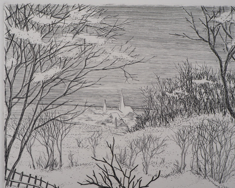 André Roland BRUDIEUX : Vue du village sous la neige - Gravure (détail)