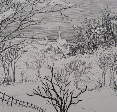 André Roland BRUDIEUX : Vue du village sous la neige - Gravure (détail)