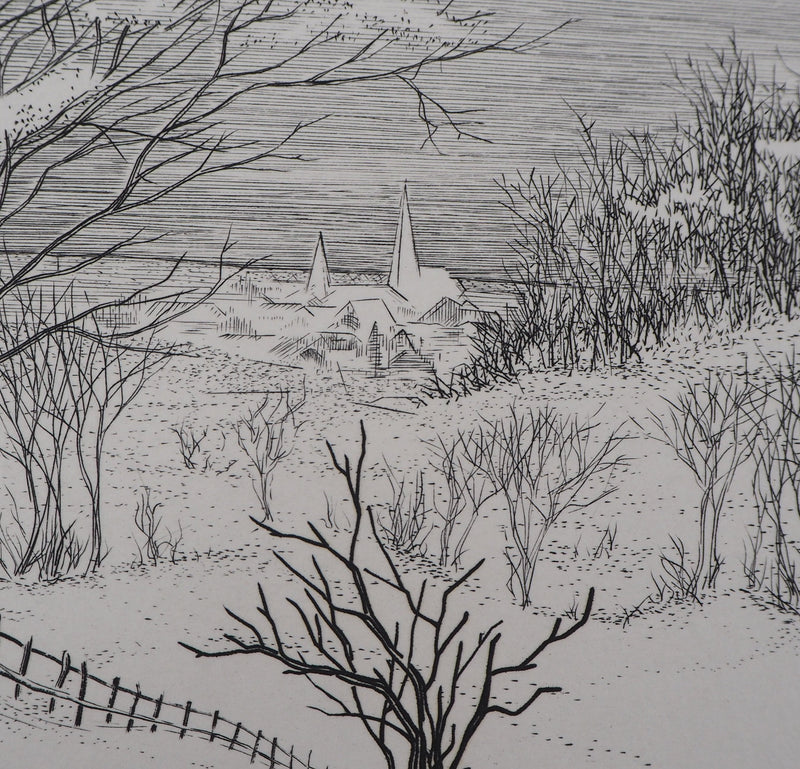 André Roland BRUDIEUX : Vue du village sous la neige - Gravure (détail)