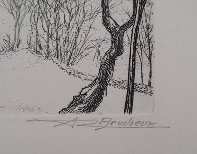 André Roland BRUDIEUX : Vue du village sous la neige - Gravure (détail)