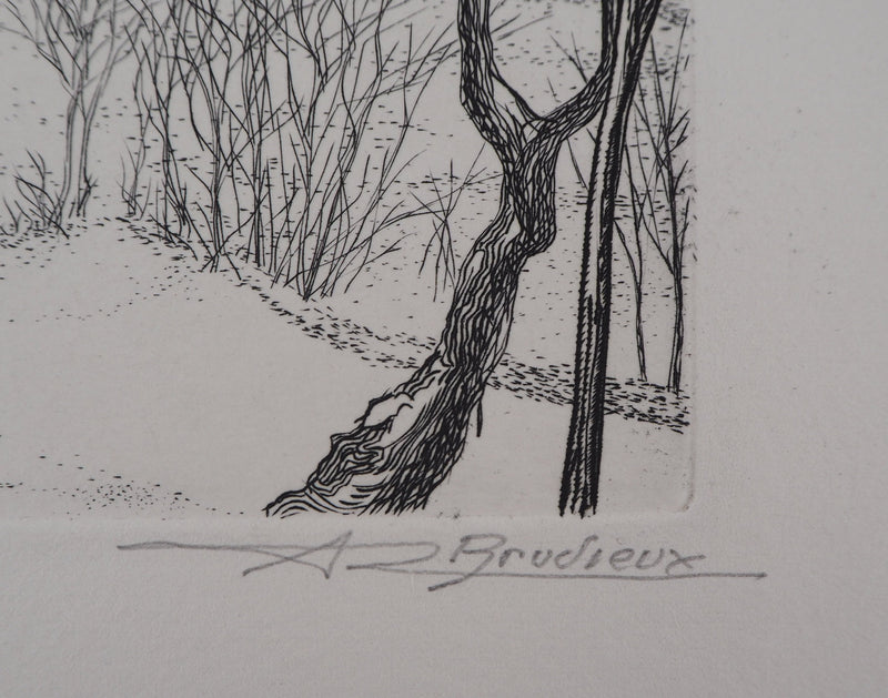 André Roland BRUDIEUX : Vue du village sous la neige - Gravure (détail)